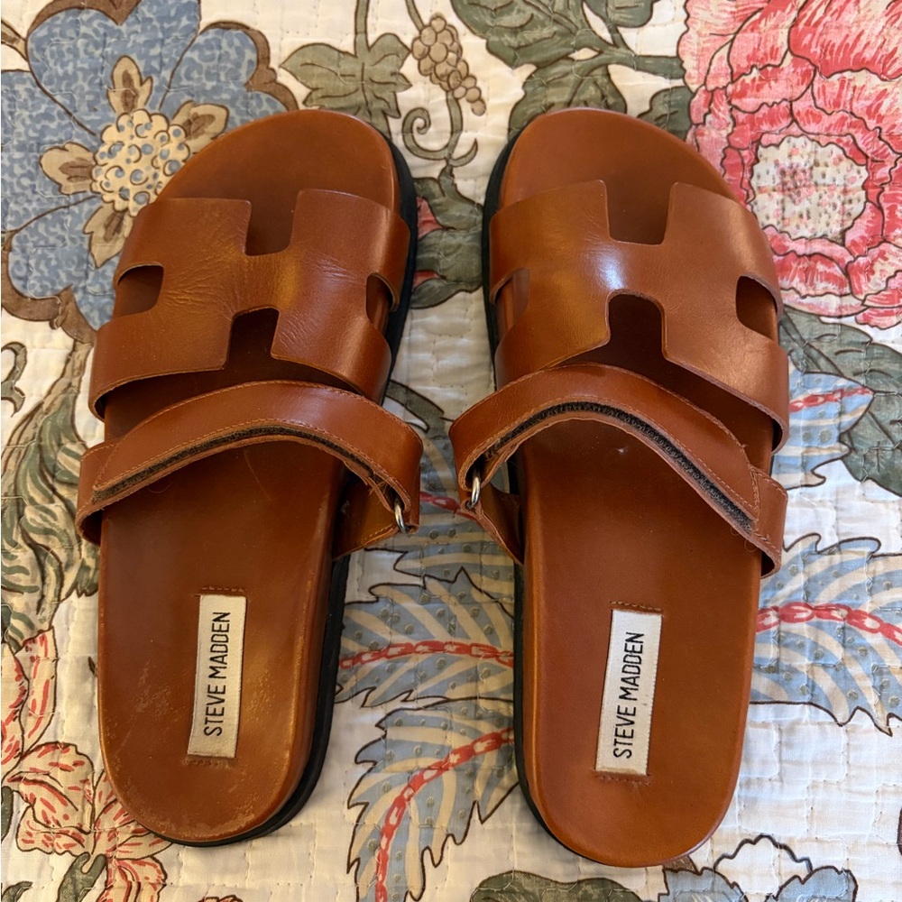 Steve Madden Cognac Brown Leather Slide Sandals